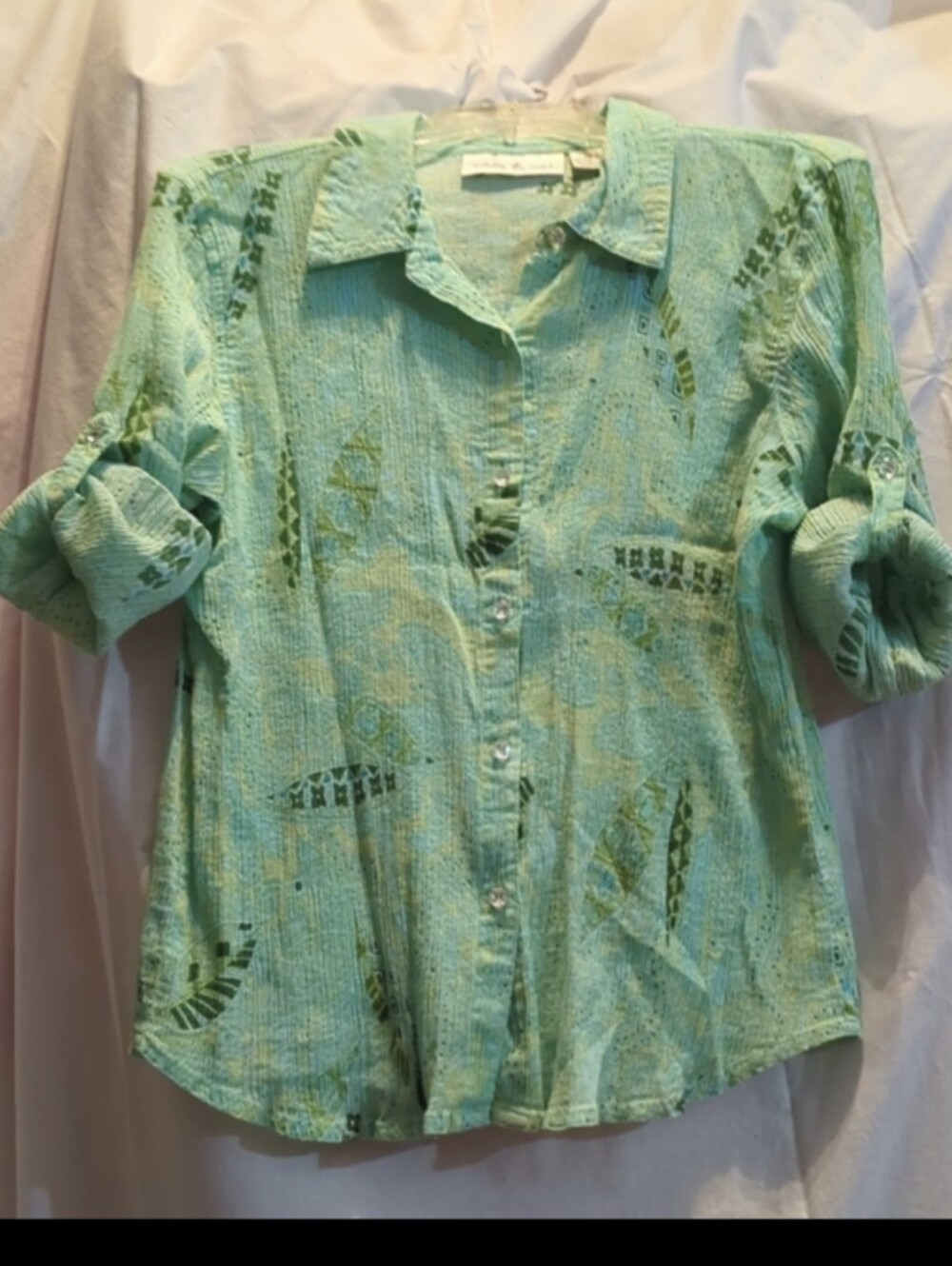 Natalie&Me Sz L Multicolor Stretch Breathable 3/4 Roll Tab Sleeve Top Fancy